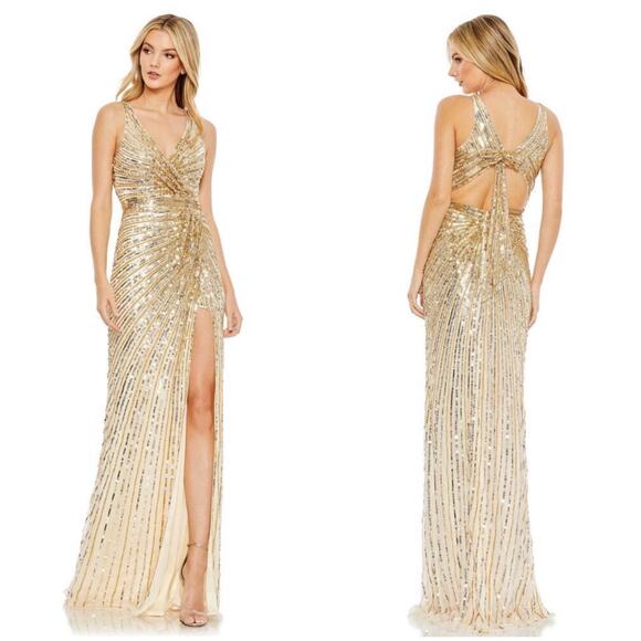 Mac Duggal Bow Back Sequined Faux Wrap Sleeveless Gown Gold Slit Size 14 NWT